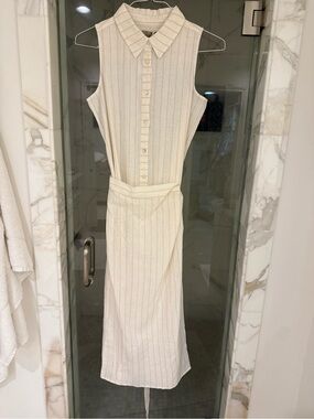 Leallo Stripe Linen Wrap Dress-  Cream linen Shirt with Pink Stripes
